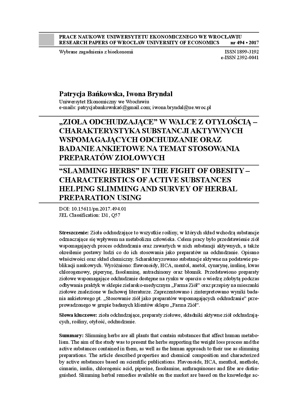 „Zioła odchudzające” w walce z otyłością – charakterystyka substancji aktywnych wspomagających odchudzanie oraz badanie ankietowe na temat stosowania preparatów ziołowych
