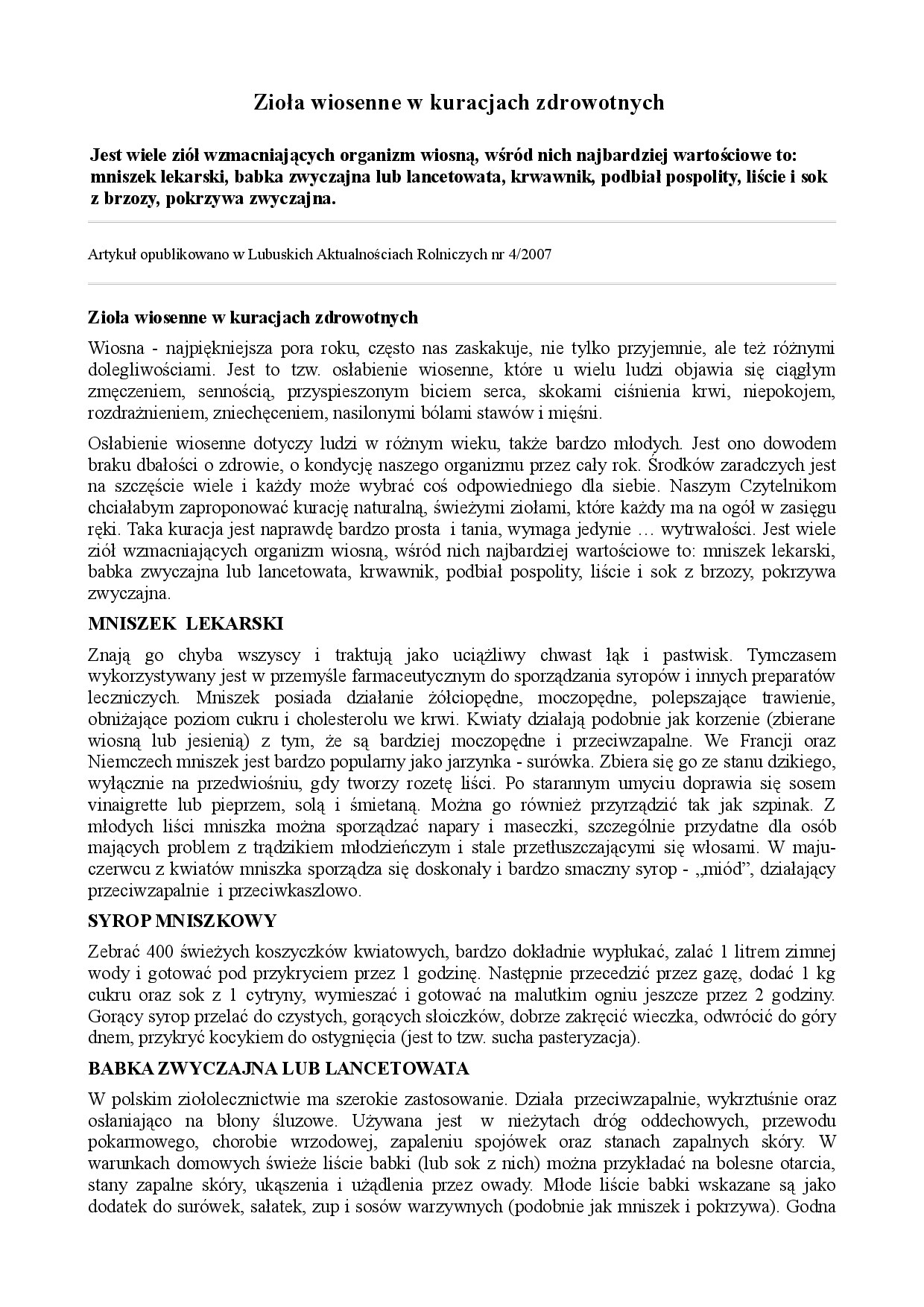 Zioła wiosenne w kuracjach zdrowotnych