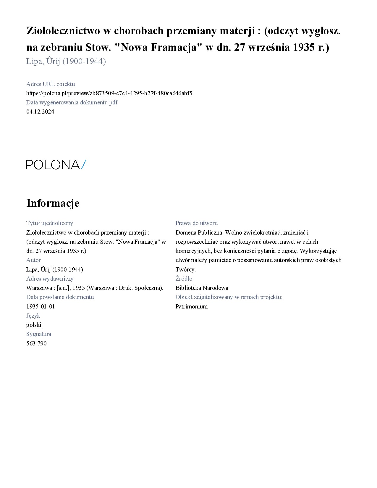 Ziołolecznictwo w chorobach przemiany materji. Nowa Framacja - 1935