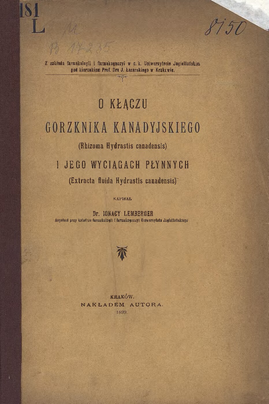 O Kłączu Gorzknika Kanadyjskiego-Dr Ignacy Lemberger-1899